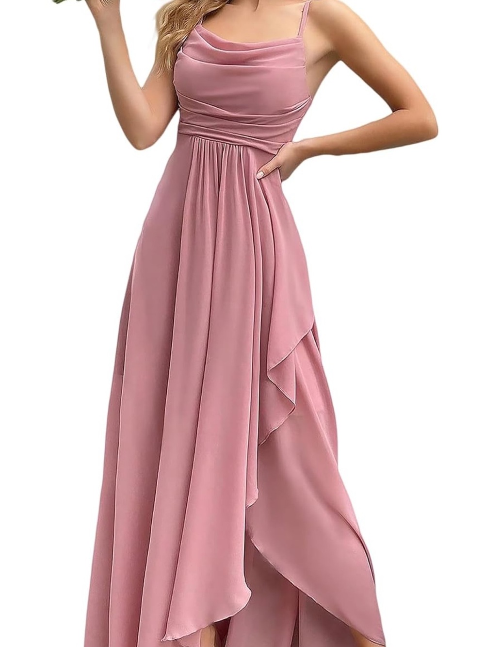 Elegant Pink Cowl Neck Spaghetti Strap Maxi Dress